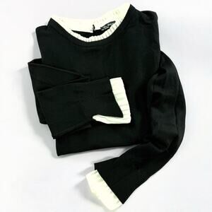 Vila Milano Wool Sweater Top L Black Pleated Classic Prep Dark Academia Preppy